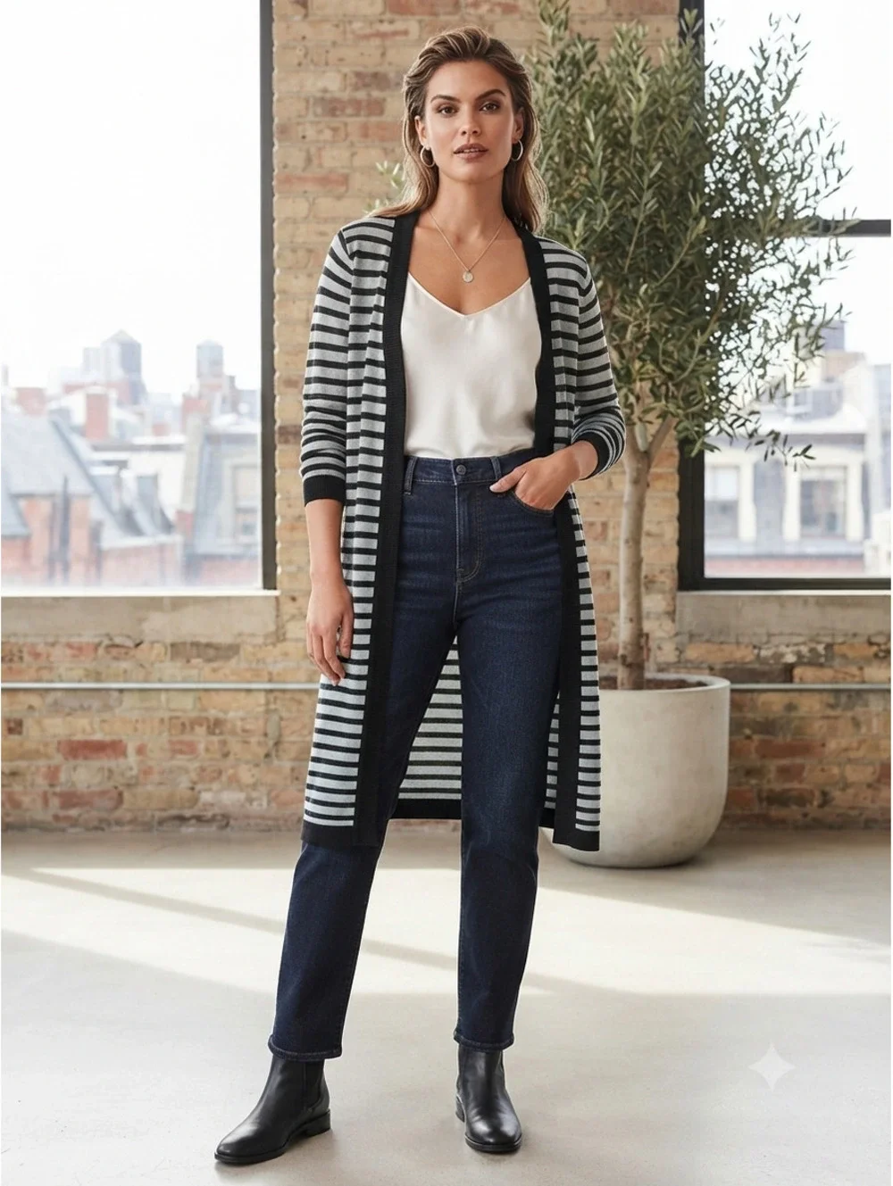 Long Black and White Striped Open Front Cardigan‎